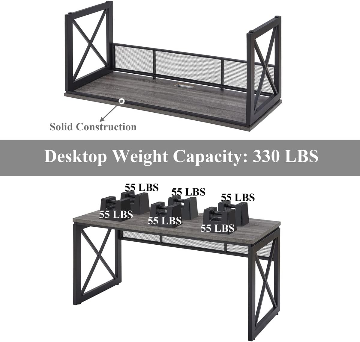 BON AUGURE Industrial Computer Desk, Rustic Wood Desks for Home Office, Sturdy Metal Writing Work Table (60 Inch, Dark Grey Oak)