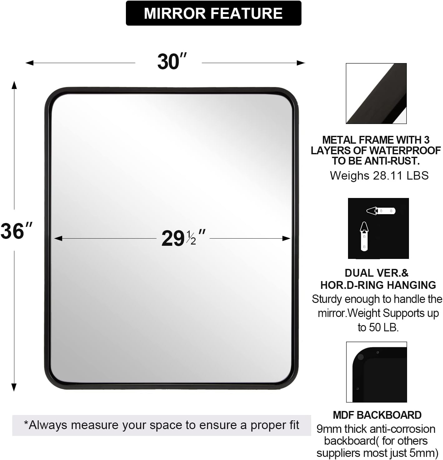 ANDY STAR 30x36’’ Bathroom Mirrors for Wall, Matte Black Bathroom Vanity Mirror, Contemporary Rounded Rectangle Mirrors Wall Mounted in Tube Metal Frame, Hang Horizontal/Vertical 1’’ Deep