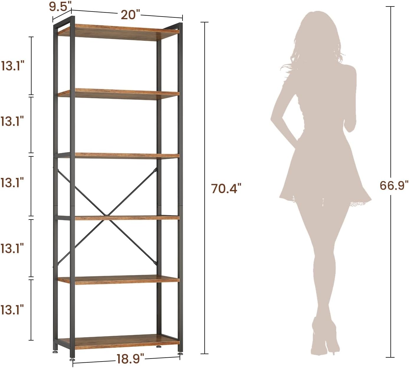 Casaottima Book Shelf, 6 Tier Tall Bookshelf, Modern Wood Bookcase Shelves for Bedroom, Industrial Display Shelf for Living Room Home Office Kitchen, Standing Shelving Unit Storage Organizer, Vintage
