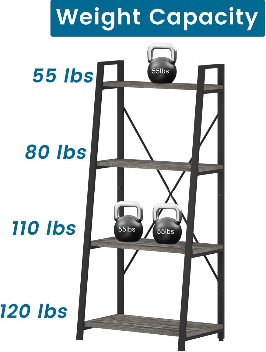 BON AUGURE Ladder Bookshelf, 4 Tier Ladder Shelf Bookcase, Wood Leaning Book Shelves for Living Room, Bedroom, Home Office Shelving Unit (Dark Grey Oak)