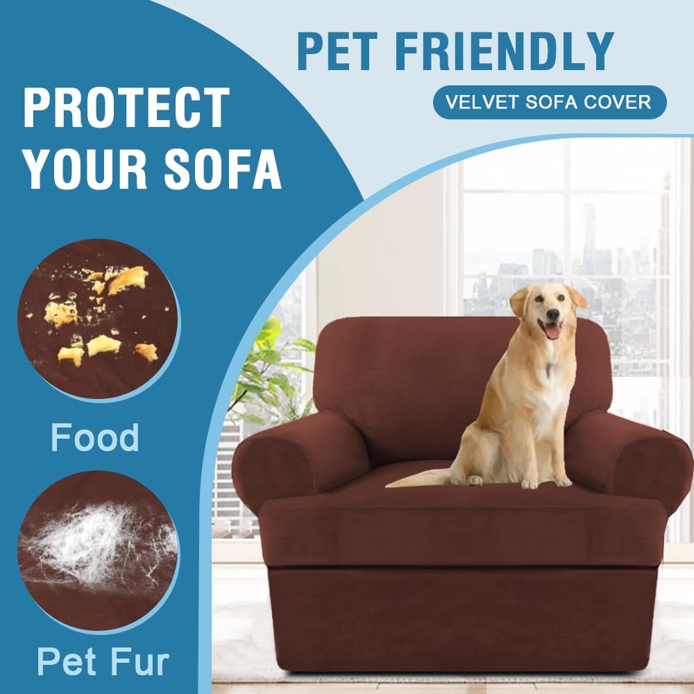 H.VERSAILTEX Sofa Cover 2 Piece T Cushion Armchair Slipcovers Thick Velvet Couch Cover Stretch T Cushion Sofa Covers for 1 Cushion Couch with 1 Individual T Cushion Covers, Burnt Brick