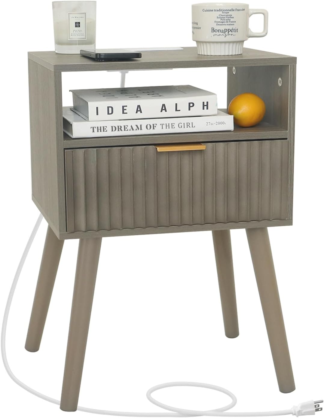 Night Stand with Charging Station, Modern Bedside Table with Drawer and Solid Wood Legs, Fluted Side End Table for Bedroom, Dorm and Small Space (Grey)