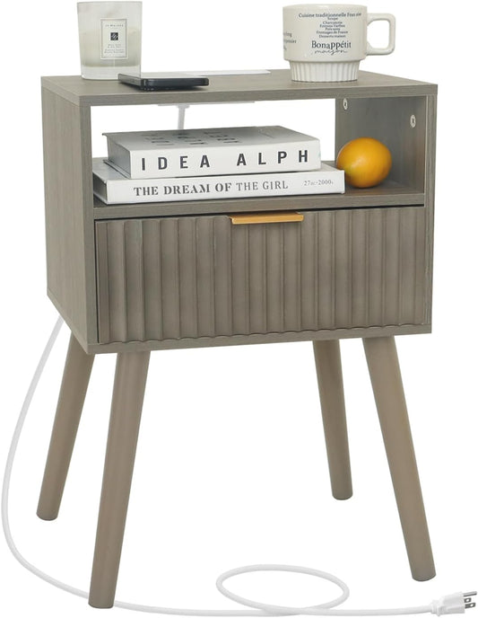 Night Stand with Charging Station, Modern Bedside Table with Drawer and Solid Wood Legs, Fluted Side End Table for Bedroom, Dorm and Small Space (Grey)