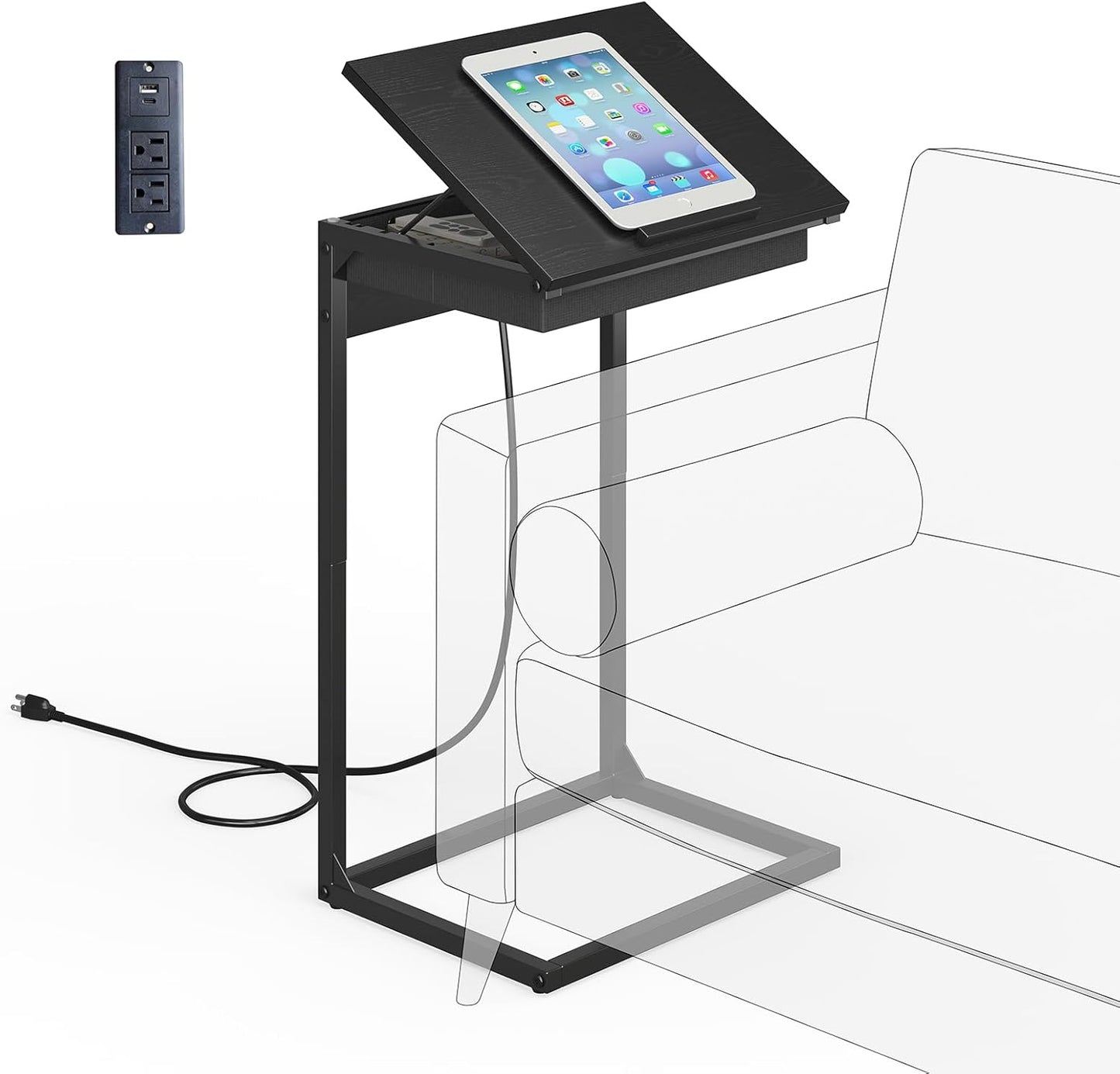 C Shaped End Table with Charging Station, 45° Tiltable Adjustable Flip Top Side Table with Storage,Small C Table for Small Spaces,Slide Under Couch Sofa Bedside Table for Living Room, Black