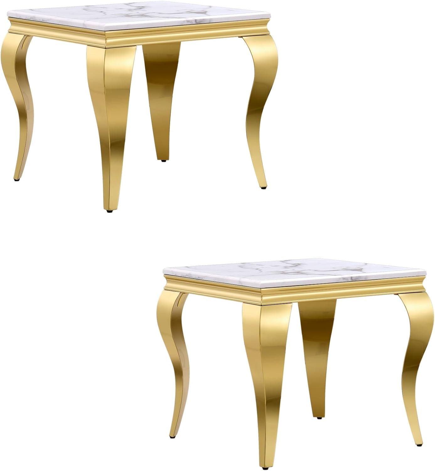Gold End Table Set of 2, Modern White Living Room Side Table with Gold Metal Cabriole Legs, Square End Table for Sofa Couch, Living Room, Bedroom, Office