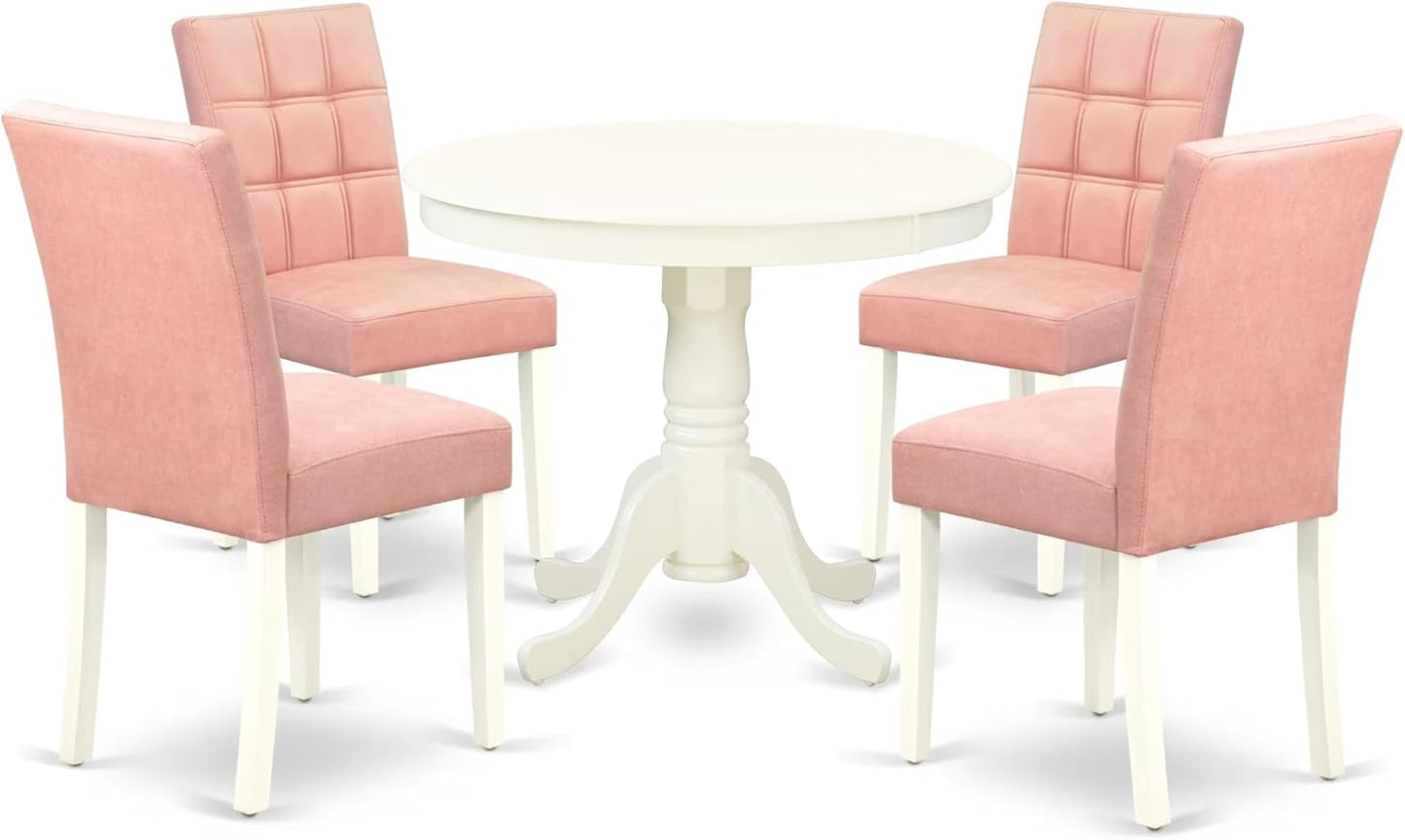 East West Furniture ANAS5-LWH-42 5 Piece Dinner Table Set contain A Dining Table and 4 Beige Red Polyester Fabric Wooden Chairs with Stylish Back- Linen White Finish