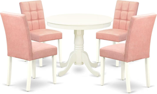 East West Furniture ANAS5-LWH-42 5 Piece Dinner Table Set contain A Dining Table and 4 Beige Red Polyester Fabric Wooden Chairs with Stylish Back- Linen White Finish