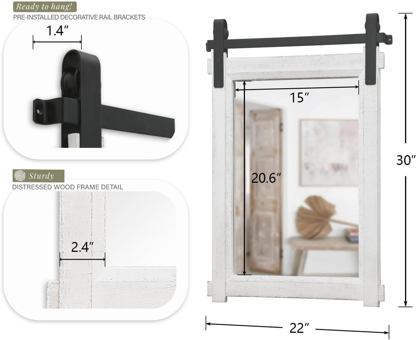 Farmhouse Barn Door Mirror: 22"x30" White Rustic Wood Frame Mirror for Wall - Home Decor for Entryway/Bathroom/Living Room