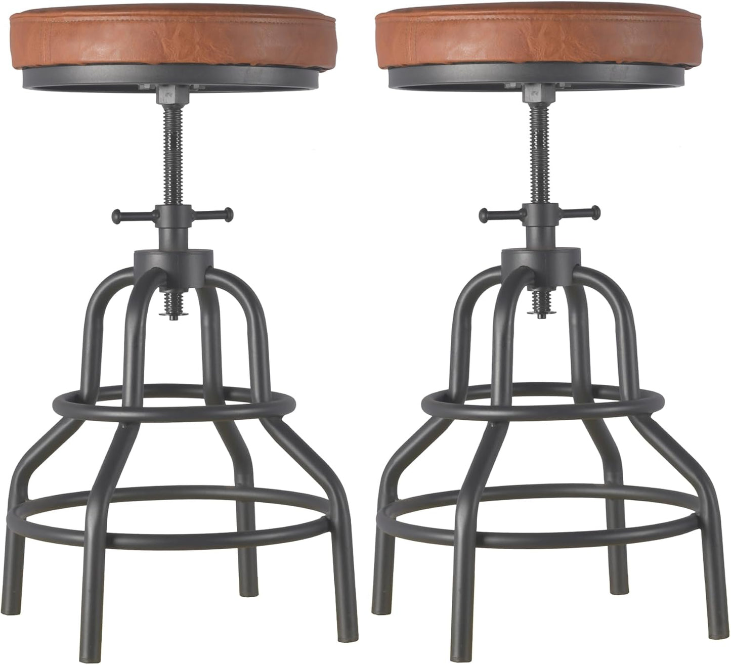 LOKKHAN Industrial Bar Stools-Swivel Leather Metal Bar Stool-20-27 Inch Tall Counter Height-Adjustable Kitchen Stool Dining Chair Cafe Stools (Set of 2)