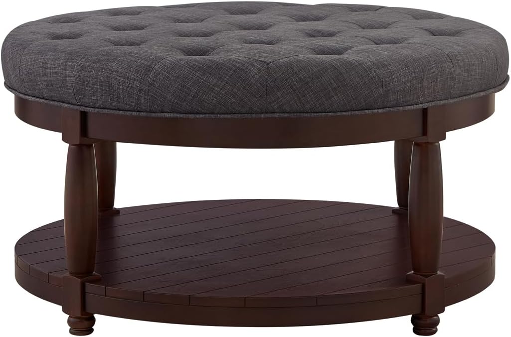 24KF Upholstered Round Coffee Table with Wooden Shelf, Tufted Button Large Round Ottoman with Spindle Wooden Legs, Linen Large Footrest Ottoman Pouf for Living Room, Dark Gray