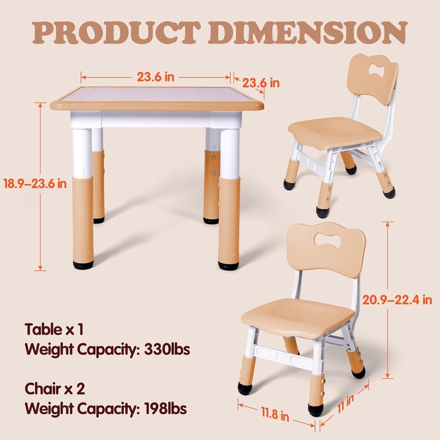 Kids Table and 2 Chairs Set, Height Adjustable Toddler Study Table and Chair Set, Kid Size for Ages 3-8 Children, Graffiti Desktop, Easy to Wipe/Arts & Crafts, Homes/Classrooms/Daycare (Beige)