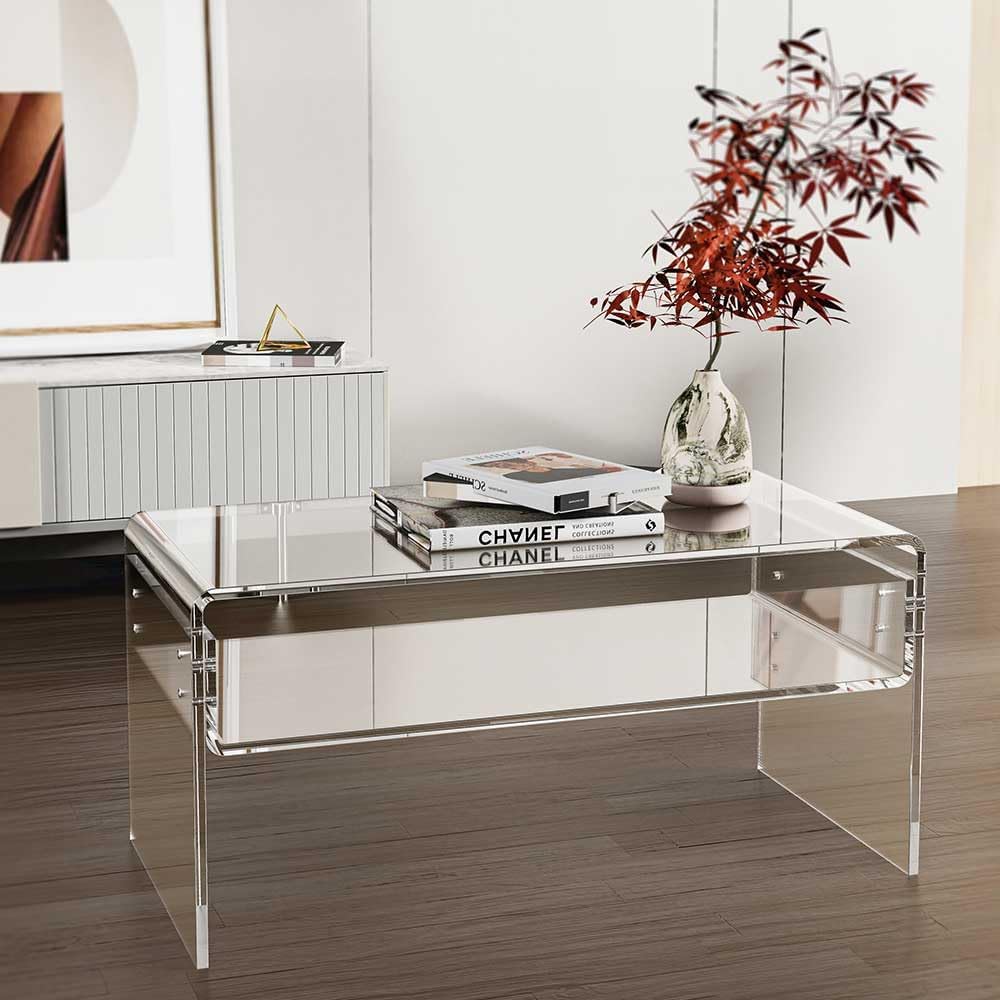 32inch Premium Clear Acrylic Rectangle Coffee Table with Storage Shelf for Living Room,Mid Century Transparent Waterfall Low Tea Table, Middle Size Table (32"x16"x16") Fit for 2 Seat Sofa