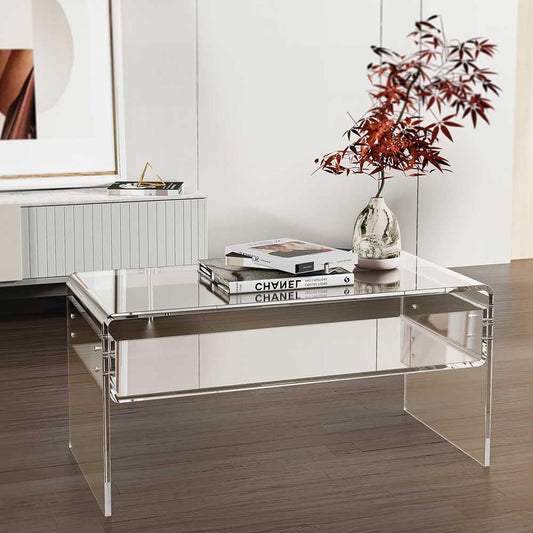 32inch Premium Clear Acrylic Rectangle Coffee Table with Storage Shelf for Living Room,Mid Century Transparent Waterfall Low Tea Table, Middle Size Table (32"x16"x16") Fit for 2 Seat Sofa