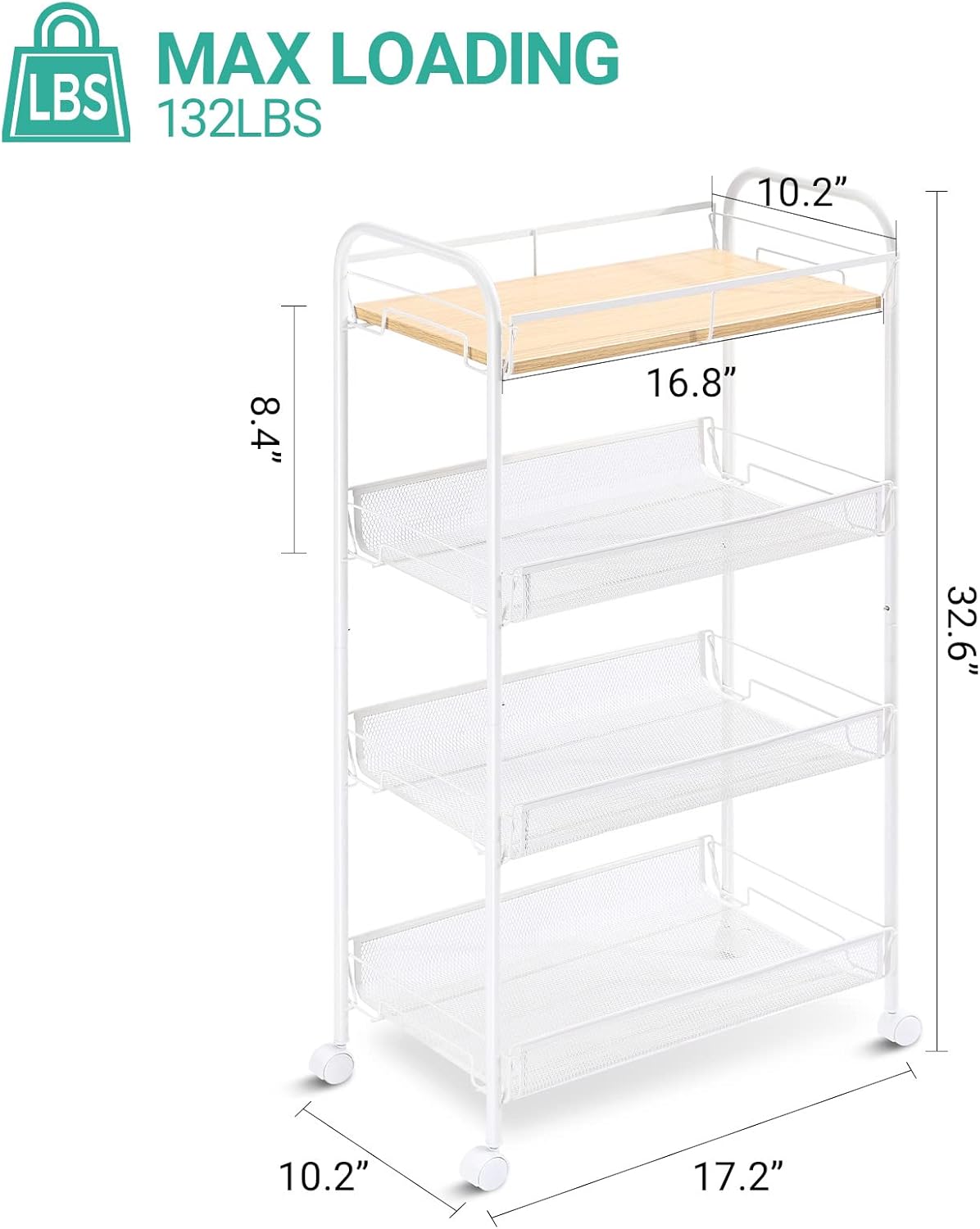 KINGRACK 4-Tier Rolling Cart,Metal Utility Cart with Wooden Tabletop,Easy Assemble Mobile Storage Trolley On Wheels,Craft Storage Cart for Bedroom Kid's Room Office Kitchen Bathroom,White