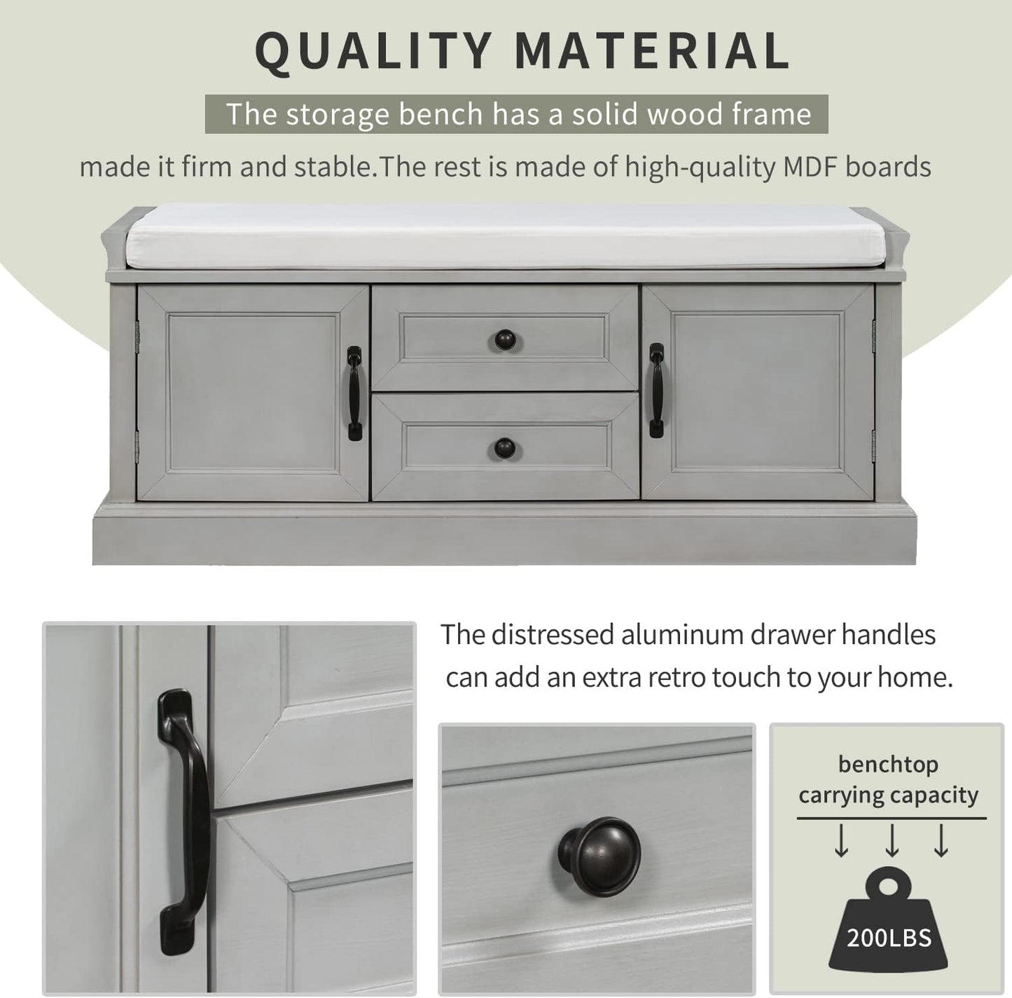 42″ Storage Bench with 2 Drawers and 2 Cabinets，Multipurpose Entryway Shoe Rack W/Removable Cushion，for Living Room Hallway Porch,Gray Wash