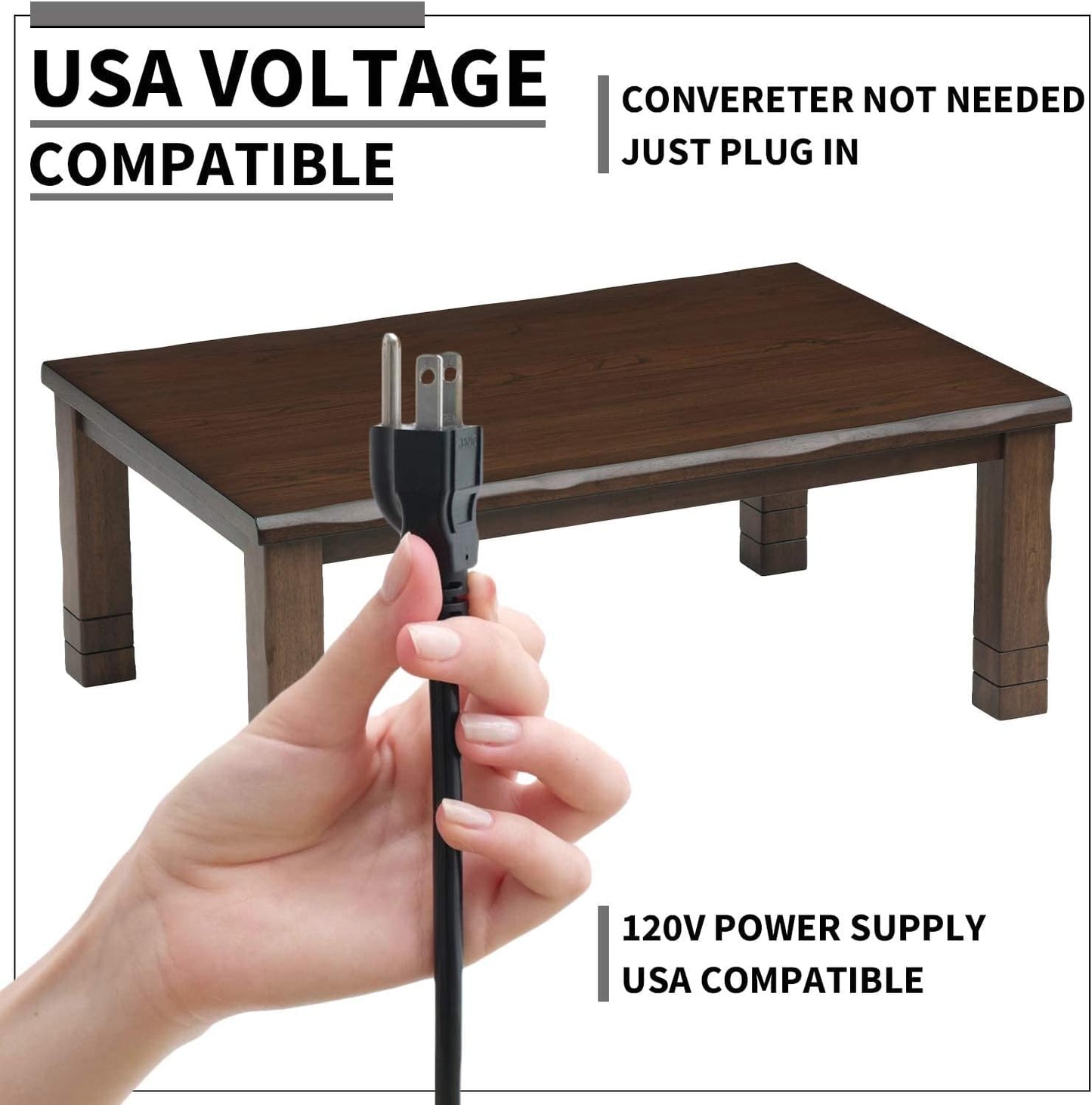 BJDesign Kotatsu - Japanese Heated Table - Wooden Chabudai Furniture with 120V Electric Heater - Low-Lying Dining and Work Desk with Temperature Control Knob (47x31in, Brown)