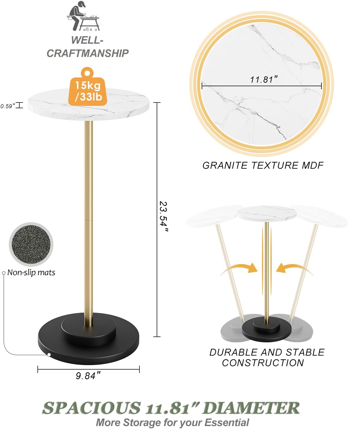 Round Side Table, Small Drink Table for Small Spaces, Modern Accent End Table Coffee Table with Metal Leg for Living Room, Bedroom, Corners, and Office (White Marble)
