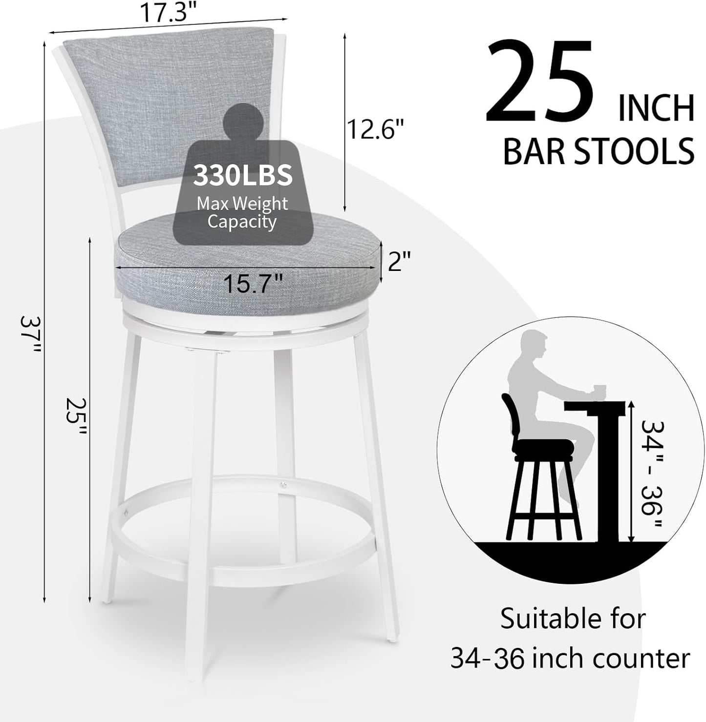 Bar Stools Set of 2, 25 Inch Metal Counter Height Bar Chairs, Modern Linen Fabric 360° Round Swivel Barstools with Back, Counter Stools for Kitchen Island, Pub, Grey & White