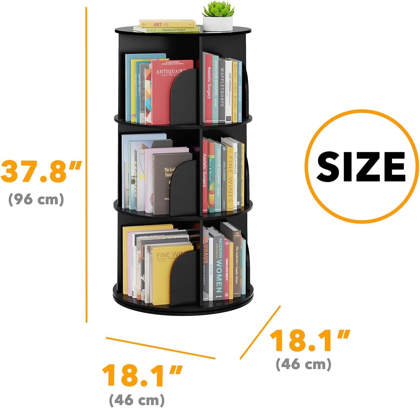 SpaceAid 3 Tier Rotating Bookshelf Tower, Spinning Bookcase Lazy Susan, Revolving 360 Book Shelf Storage Round Carousel, Vertical Rotate Turning Spiral Corner Organizer, Black