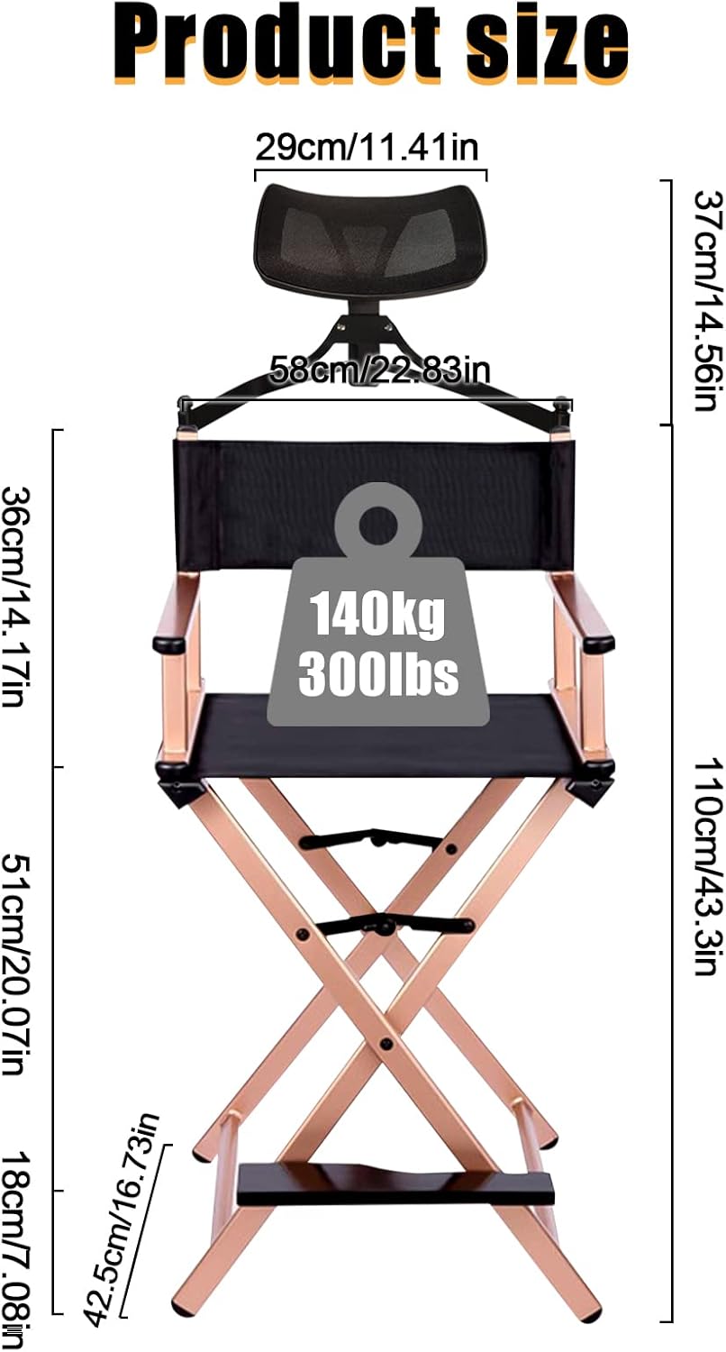 Lorvain Folable Makeup Artist Stool Chair, Protable Tall Folding Directors Chair, Aluminum Makeup Chair with Head Rest for Studio Salon Vanity, Bar Height - Gold Chair