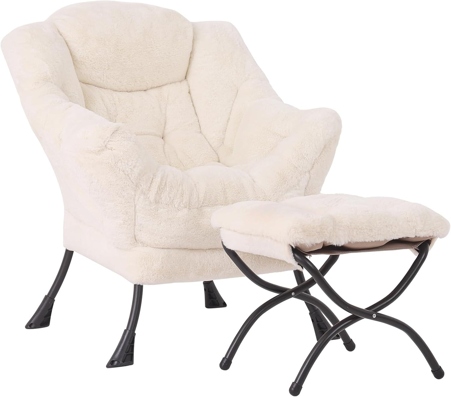 Lazy Chair with Ottoman, Modern Accent Chair Lounge Leisure Sofa Chair with Armrests, Reading Chair and Folding Footstool for Living Room, Bedroom, Office, Plush Beige