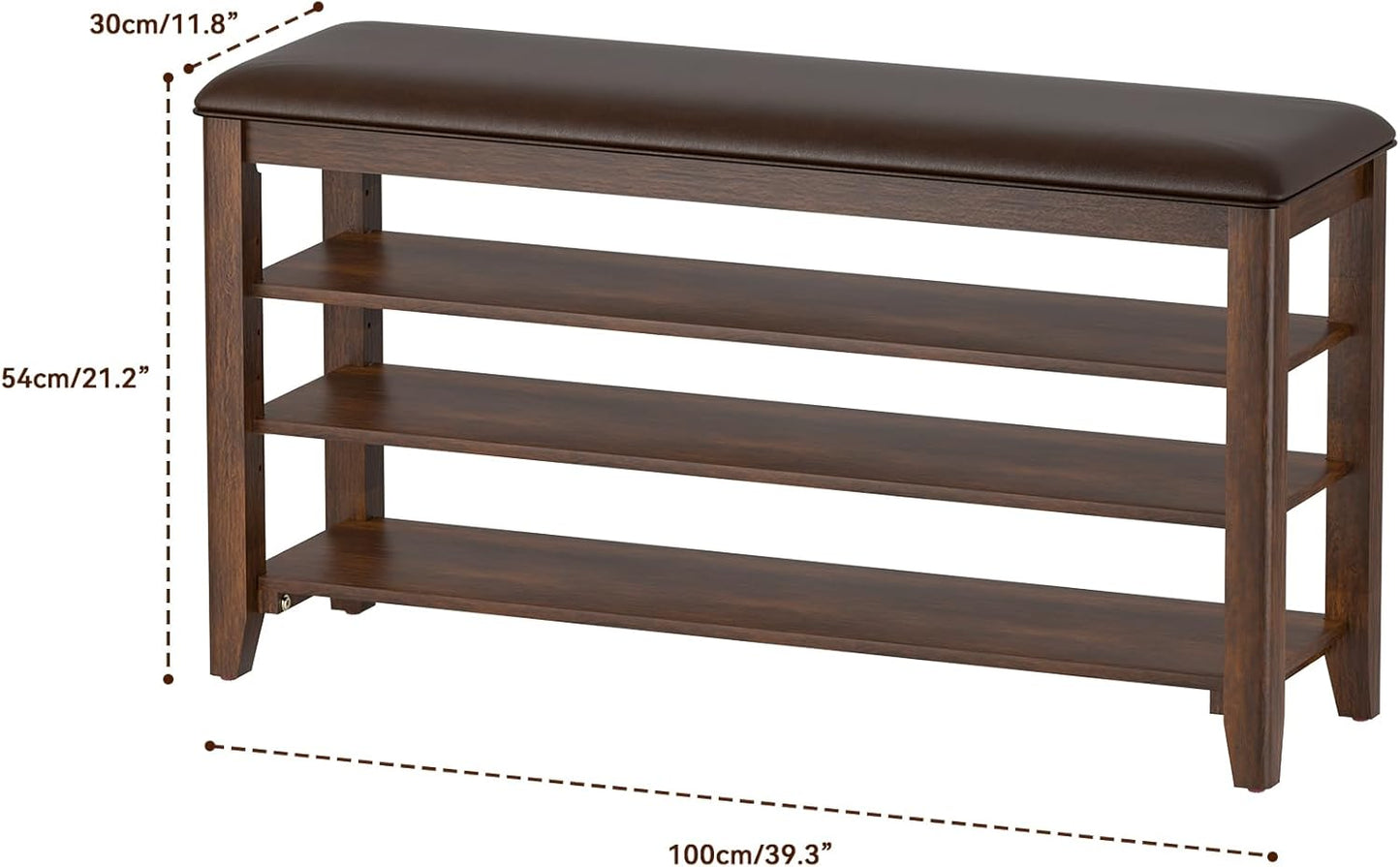 Shoe Rack Bench Entryway Storage with Leather Cushion, Shoe Organizer Bench for Entryway, Ideal for Front Doors Entrances Hallway Mudroom Featuring Rubberwood And 3 Height-Adjustable Removable Shelve