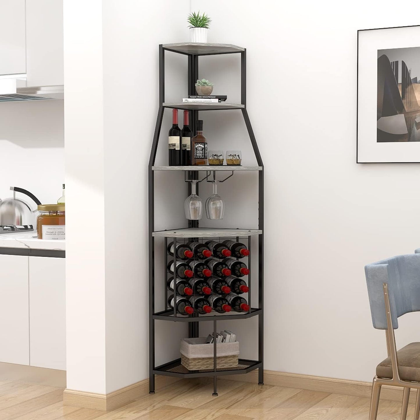 5-Tier Corner Wine Rack Floorstanding with Glass Holder and Bottles Wine Storage Home Bar Furniture for Home Kitchen Dining Room Industrial Metal and Wooden Corner Shelf