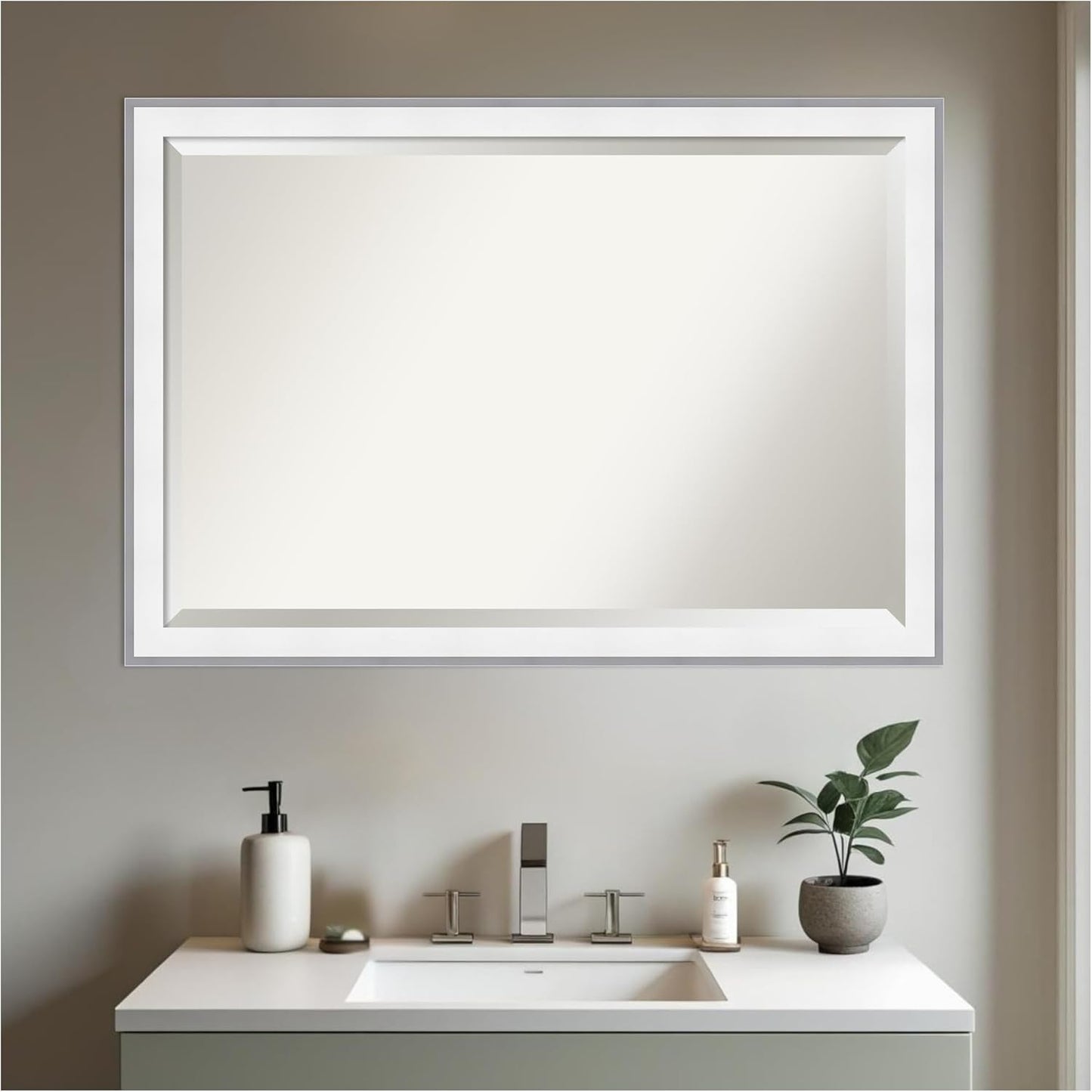 Amanti Art Bathroom Mirror for Over Sink, 27x39 Maya White Silver Rectangle Vanity Mirror, Large Modern Contemporary Frame, Hangs Horizonally and Vertically, Bathroom Wall Decor, Beveled Edge