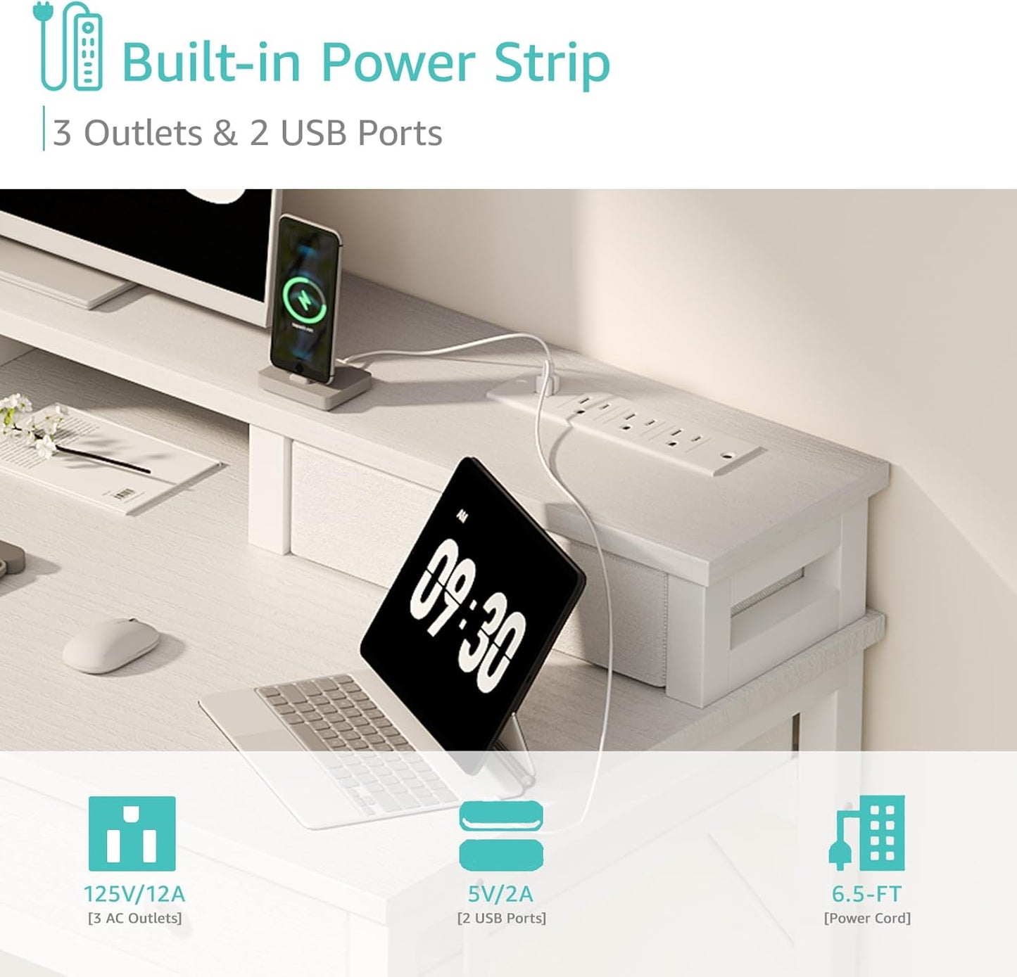 Lufeiya White Computer Desk with Fabric Drawers for Home Office, 40 inch Vanity Makeup Desk with Drawers Storage for Bedroom, Writing Study Table with Power Outlet & Monitor Stand, White