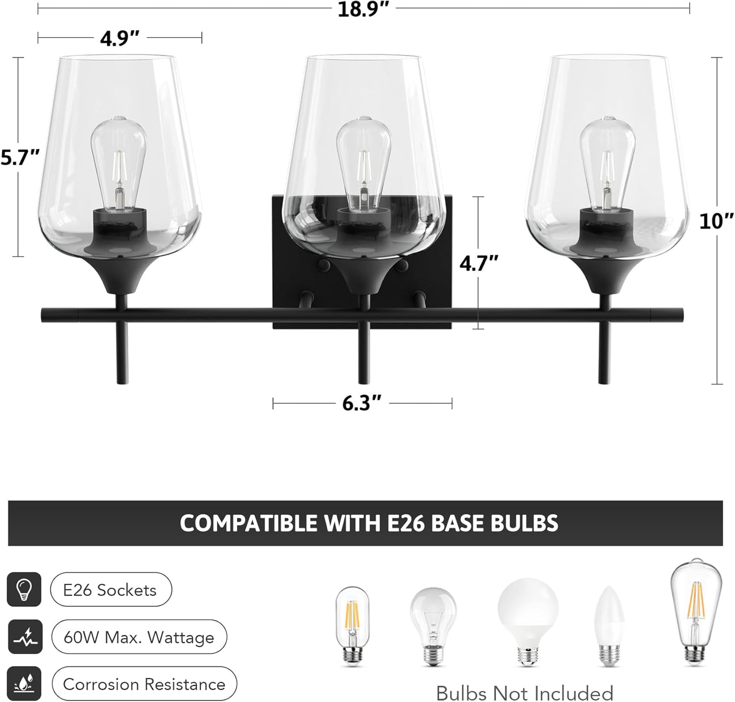 VONLUCE Bathroom Vanity Light, 3 Light Bathroom Light Fixture Over Mirror, Bathroom Wall Lamp with Clear Glass, Modern Black Vanity Lighting fixtures for Bathroom, Bedroom, Hallway