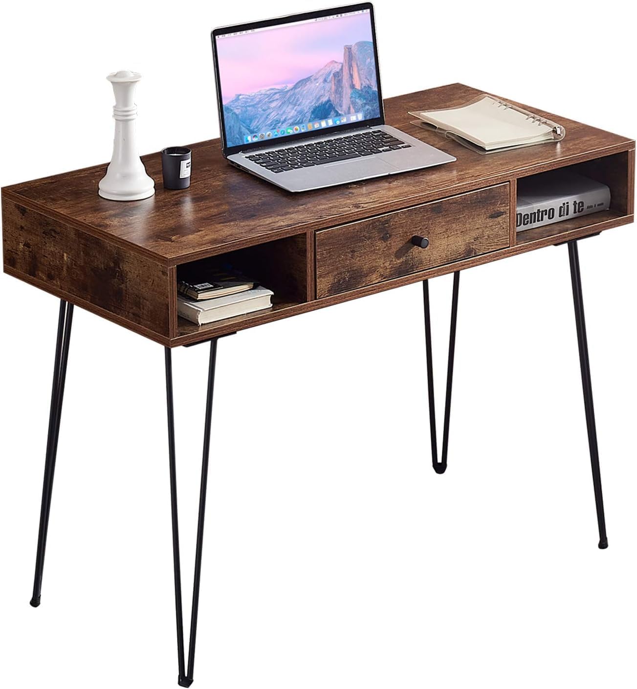 VECELO 39.3" Home Office Work Table with Drawers,Computer Desk with Hairpin Leg for Writing/Study,Classic Brown