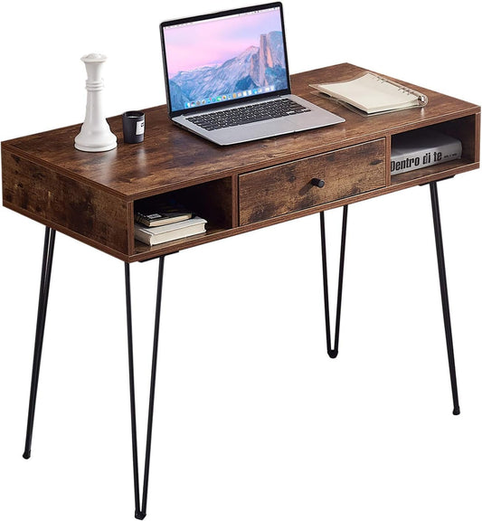 VECELO 39.3" Home Office Work Table with Drawers,Computer Desk with Hairpin Leg for Writing/Study,Classic Brown