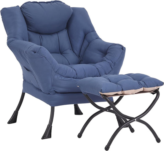 Lazy Chair and Ottoman, Large Accent Lounge Chair with Armrests and a Side Pocket, Modern Leisure Upholstered Sofa Reading Armchair with Footrest for Bedroom, Living Room, Dorm Rooms, Office