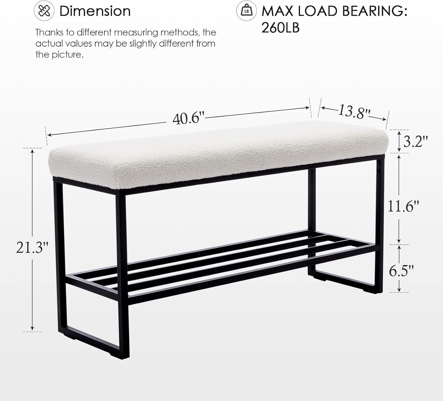Zesthouse Boucle Shoe Bench Entryway with Storage, Upholstered Bench for Bedroom End of Bed, Metal Shoe Rack for Closet Hallway Doorway Living Room Mudroom, White