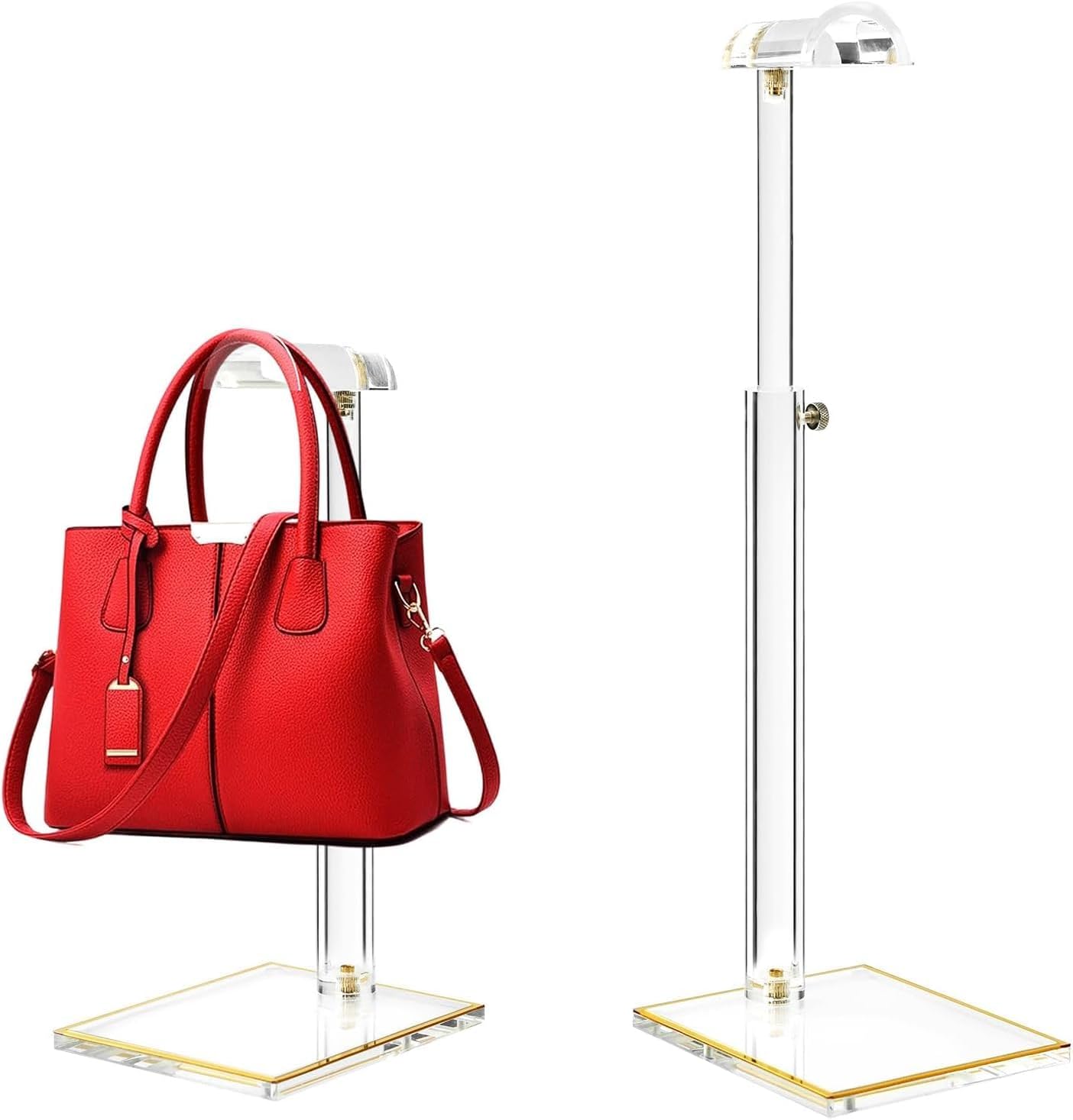2Pcs Adjustable Purse Display Stands, Height 10"-16"+14"-24", Acrylic Handbag Stands for Display, Clear Holder for Purse Evening Bag Clutch, Bag Table Rack, Purses Hanging Organizer for Closet Retail Vendor