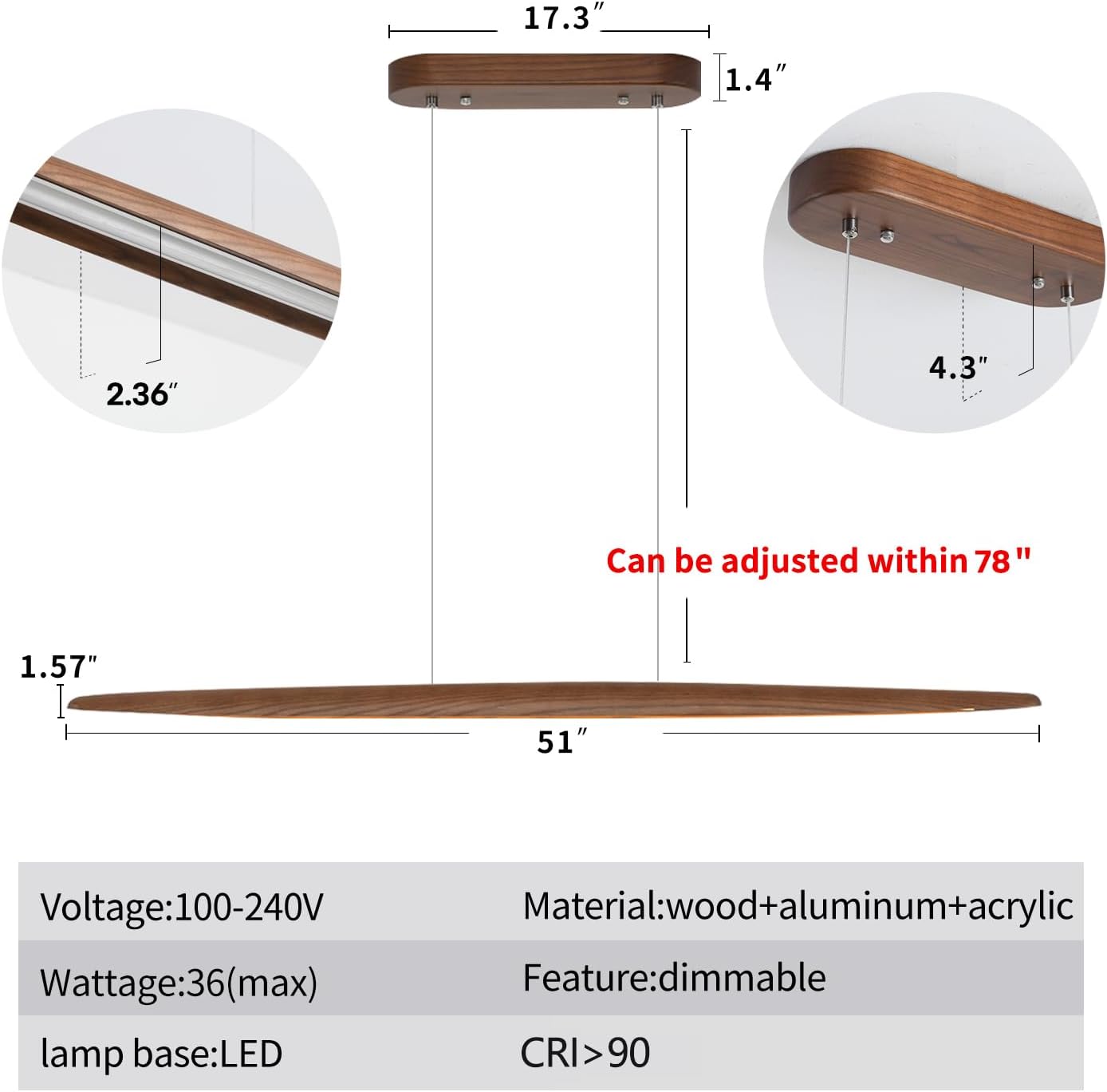 51" Wood Linear Pendant Light Wood Dining Room Light Fixture Modern Pool Table Lights Kitchen Island Lights for Dining Room Bar Kitchen Island Walnut Color