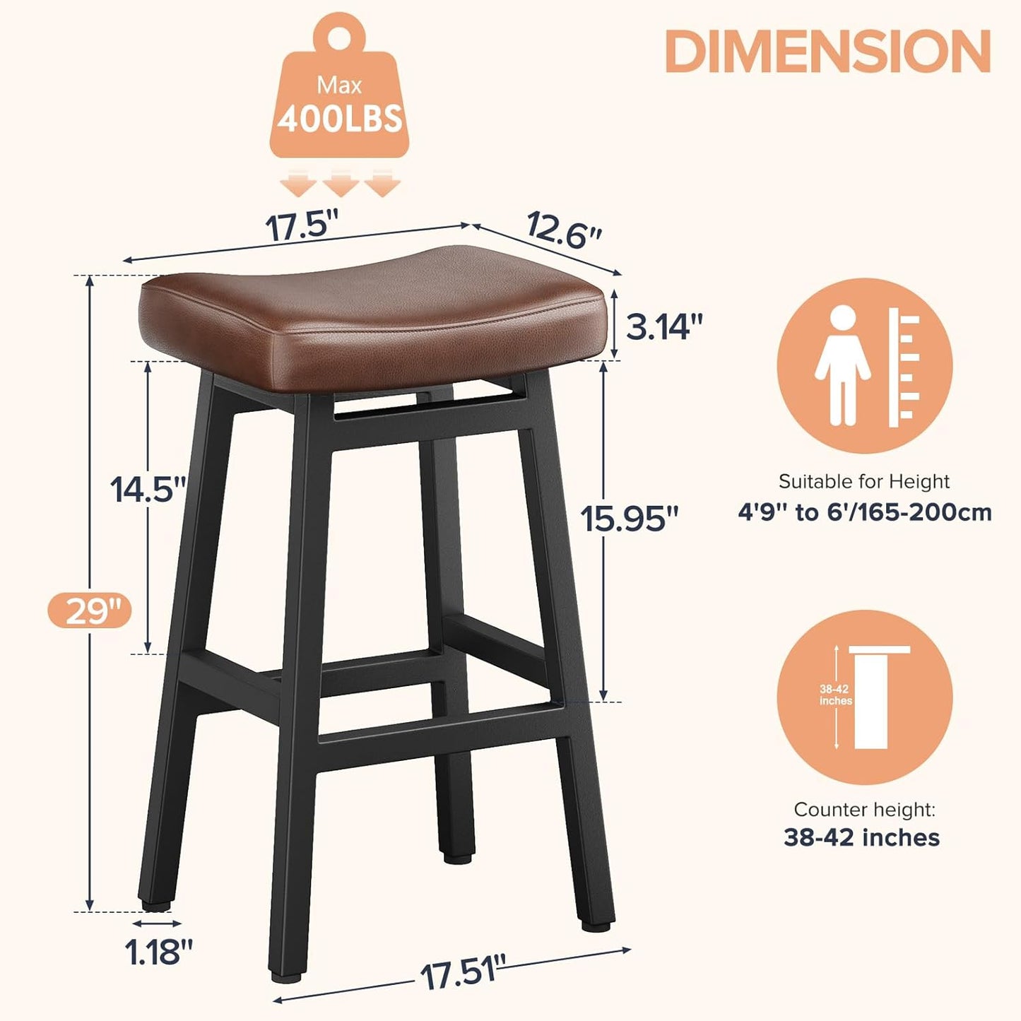 29 Inches Bar Stools Set of 2, Bar Height Barstools for Home Counter, Blackless Barstool with Bonded Leather Saddle Seats & Heavy Duty Metal Legs, Easy Assembly, Brown/Black