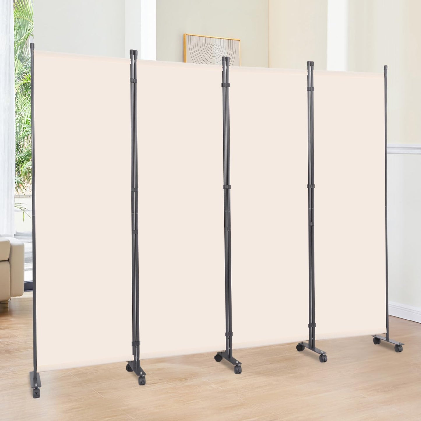 Room Divider 6FT Room Partition with Lockable Wheels, (Thicked Metal Base) Room Dividers, Freestanding Indoor Folding Privacy Screens, Portable Fabric Wall Divider for Separation, Beige