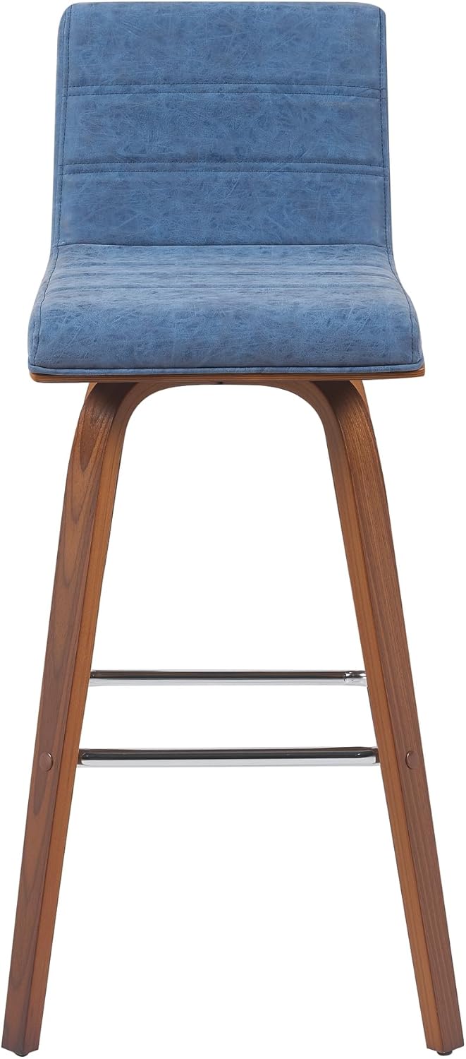 Armen Living Vienna Modern Swivel 30" Bar Height Barstool with Vintage Blue Faux Leather and Walnut Wood Finish