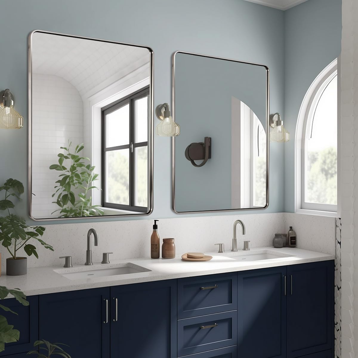 ANDY STAR 48x36 Inch Brushed Nickel Bathroom Mirror, Rounded Rectangle Bathroom Vanity Mirrors for Wall, Anti-Rust SUS304, Seamless Tube Metal Frame, 1’’ Deep Wall Mounted Vertically/Horizontal
