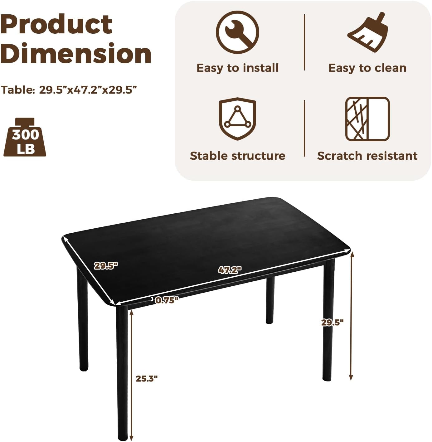 DELAVIN 47.2" Rectangle Solid Wood Dining Table, Modern Kitchen Table, Oak Dining Room Table, Easy Assembly, Black