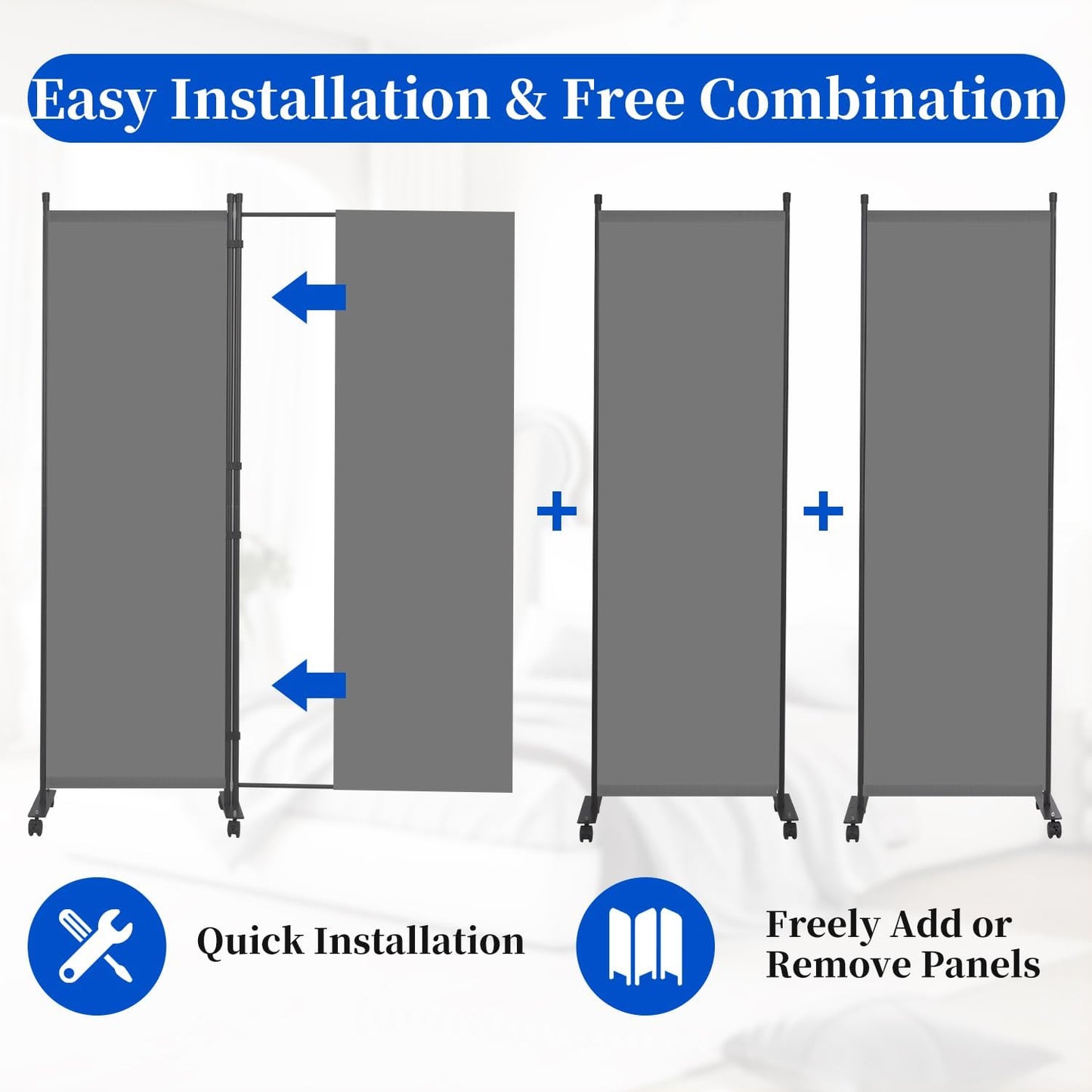 Room Divider 6FT Room Partition with Lockable Wheels,4 Panel (Thicked Metal Base) Room Dividers, Freestanding Indoor Folding Privacy Screens, Portable Fabric Wall Divider for Room Separation, Grey
