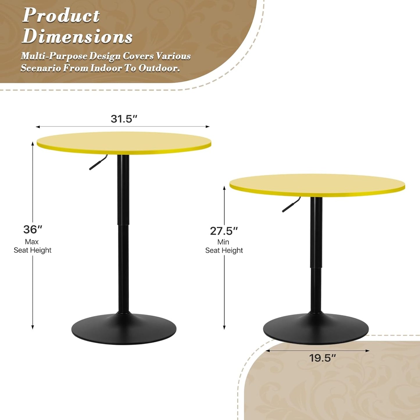 Athena Collection Modern Bar Table Round Top Height Adjustable, Tall Bistro Pub Cocktail Table Height Top and Sturdy Base, Suitable for Home Kitchen Pub Restaurant Outdoor, Yellow