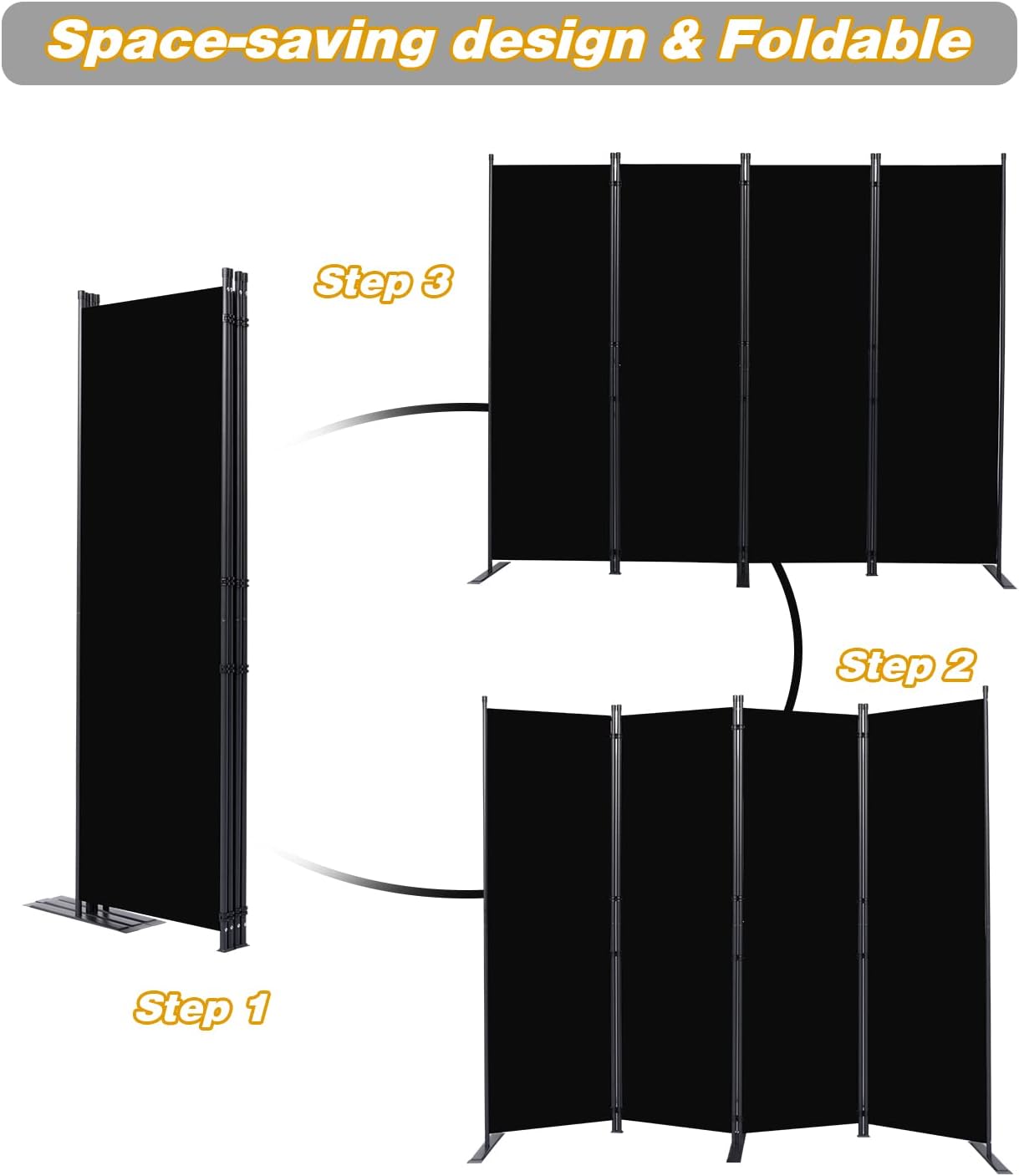 Room Divider, 4 Panel Folding Privacy Screens with Wider Feet, 6 Ft Portable Room Partition for Room Separator, Room Divider Panel 88" W X 71" H, Partition Room Dividers Freestanding，Black