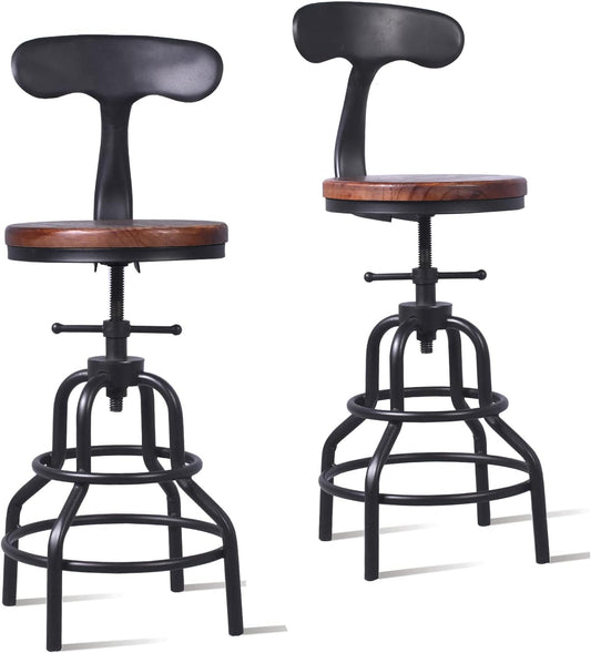 Diwhy Industrial Vintage Counter Stool, Kitchen Counter Height Adjustable Swivel Chair, Metal Frame Stool, with Iron Backrest, 20.47-26.77 Inch, Fully Welded Base, Set of 2