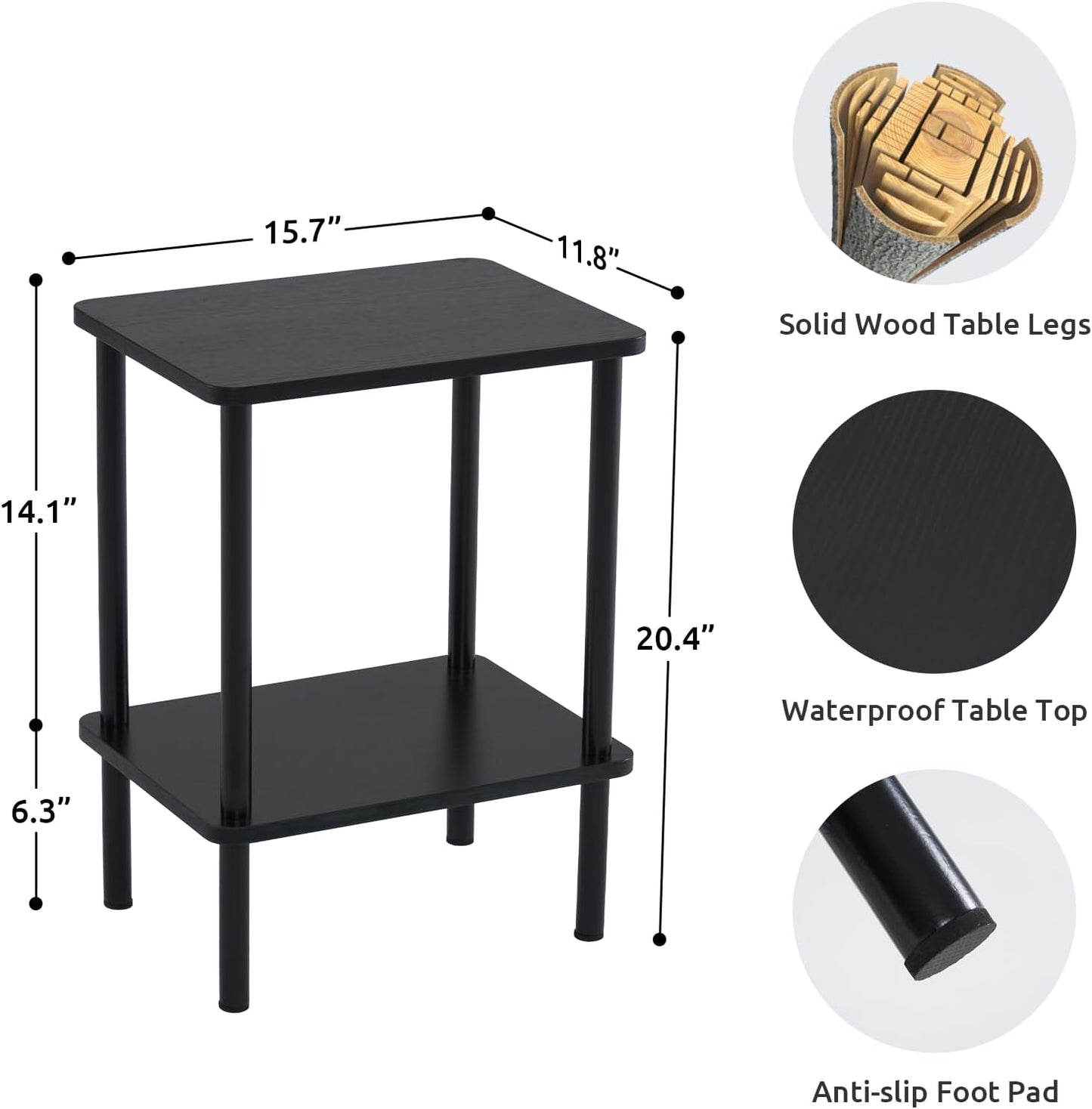 Apicizon 2 Tier End Table, Small Side Table with Solid Wood Legs, Boho Bedside Table with Storage Shelf, Nightstand for Small Spaces, Bedroom, Living Room, Entryway, Farmhouse, Easy Assembly, Black