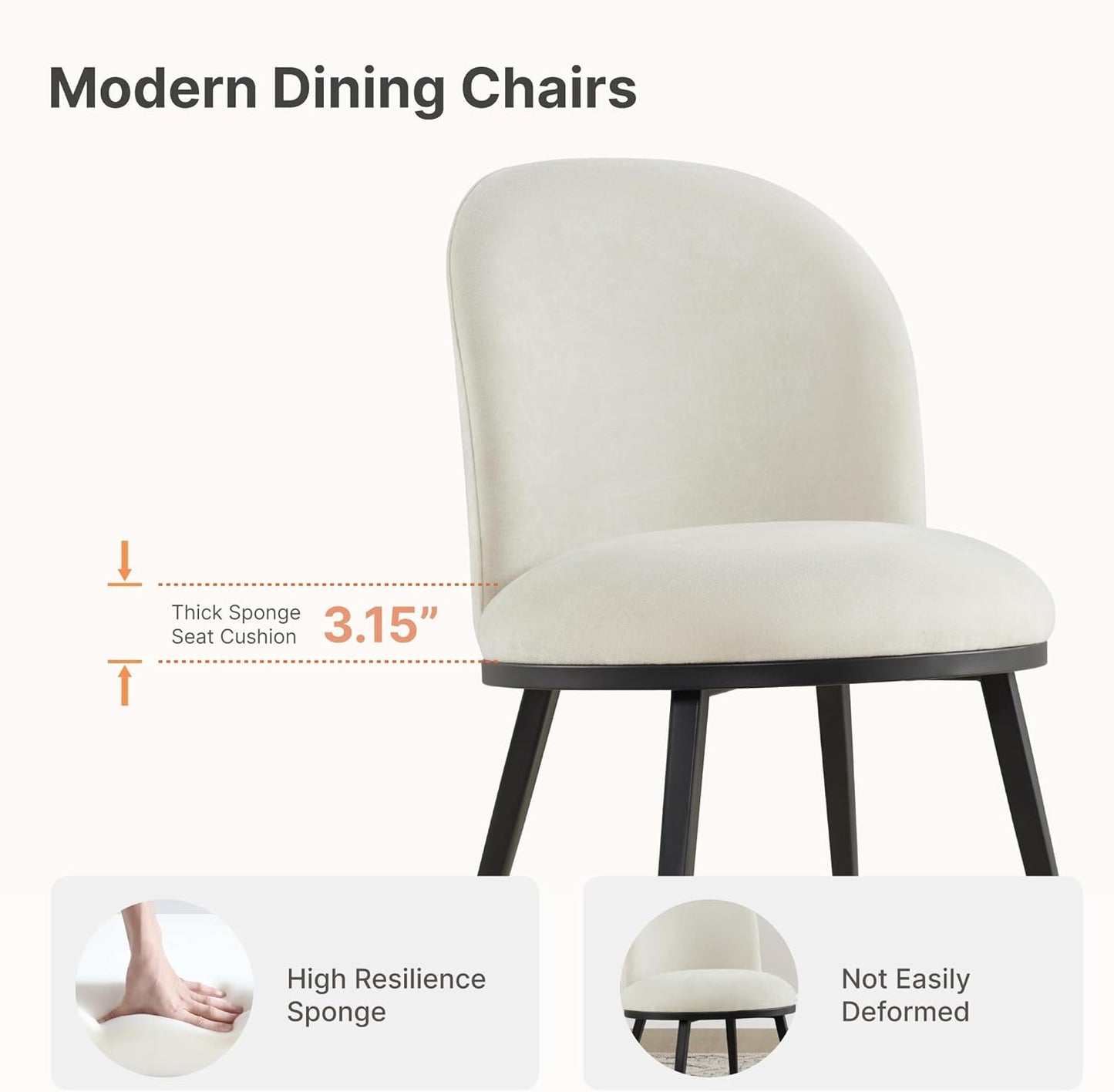 Dining Chairs Set of 4, Fabric Upholstered Dining Room Chairs with Ergonomic Backrest & Metal Legs, Modern Kitchen Side Chairs for Home, Restaurant, and Café, Ivory, 2 Boxs