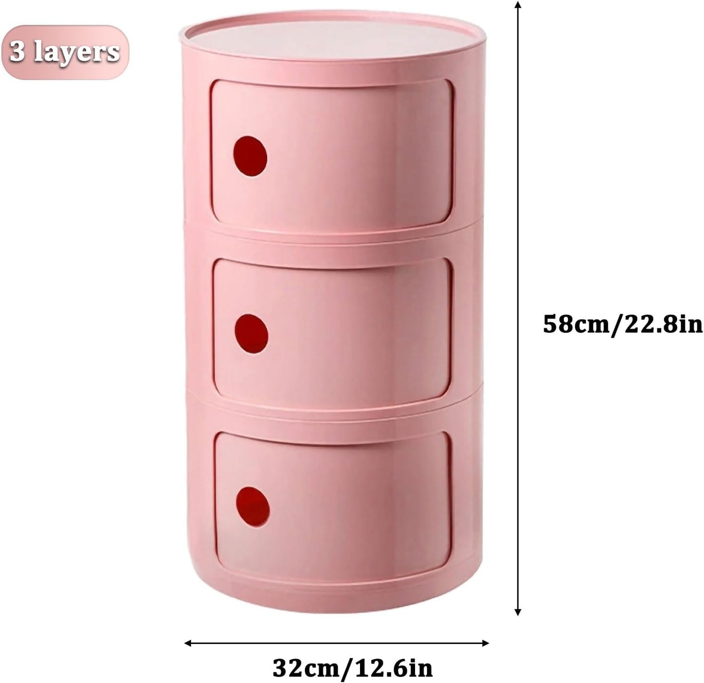 3 Tier Round Nightstand with Drawer, Pink Round Side Table Small Plastic Storage End Table Suitable for Bedroom, Living Room, Bathroom (Pink)