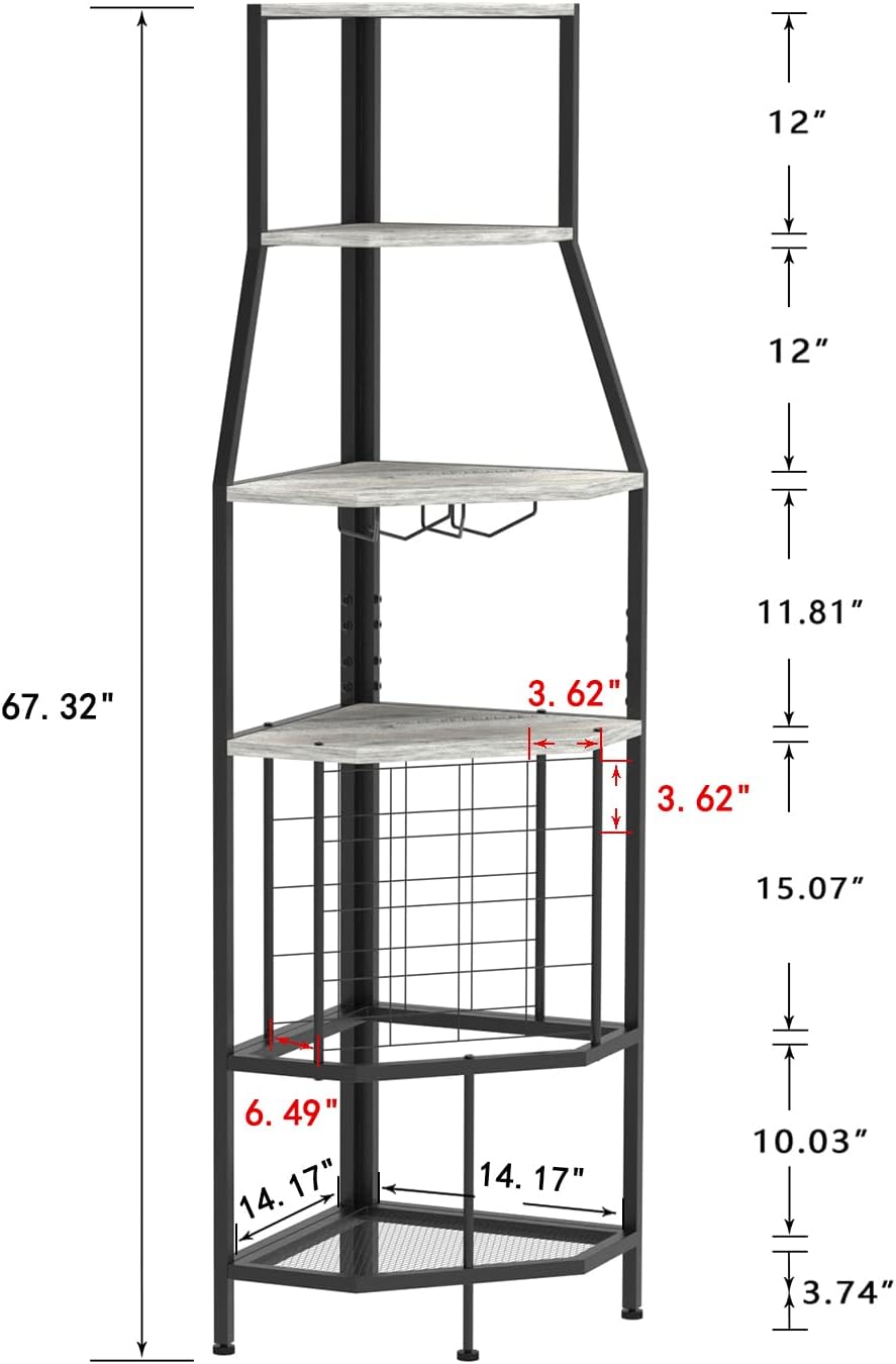 5-Tier Corner Wine Rack Floorstanding with Glass Holder and Bottles Wine Storage Home Bar Furniture for Home Kitchen Dining Room Industrial Metal and Wooden Corner Shelf