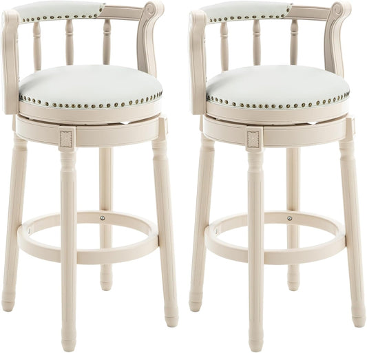 Cow top Leather Wooden Bar Stools, 360 Degree Swivel Bar Height Chair with Backs for Home Kitchen Counter, Morden Chair Barstools (Ivory Wood 2pcs-Cream Seat, Counter Height-Seat Height 26”)